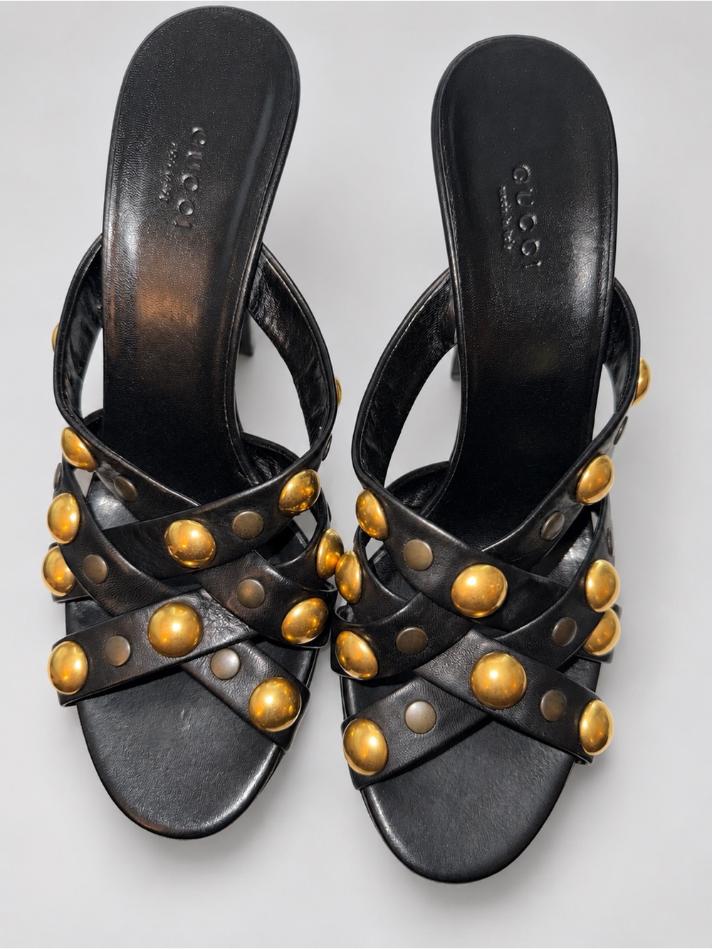 Gucci Black Leather Cross-Strap Mules with Gold Studs